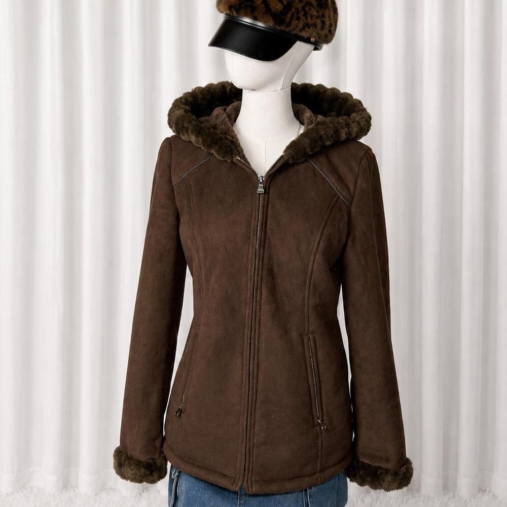 Vintage Bidefan Brown Faux Suede Fur Trim Hooded Jacket